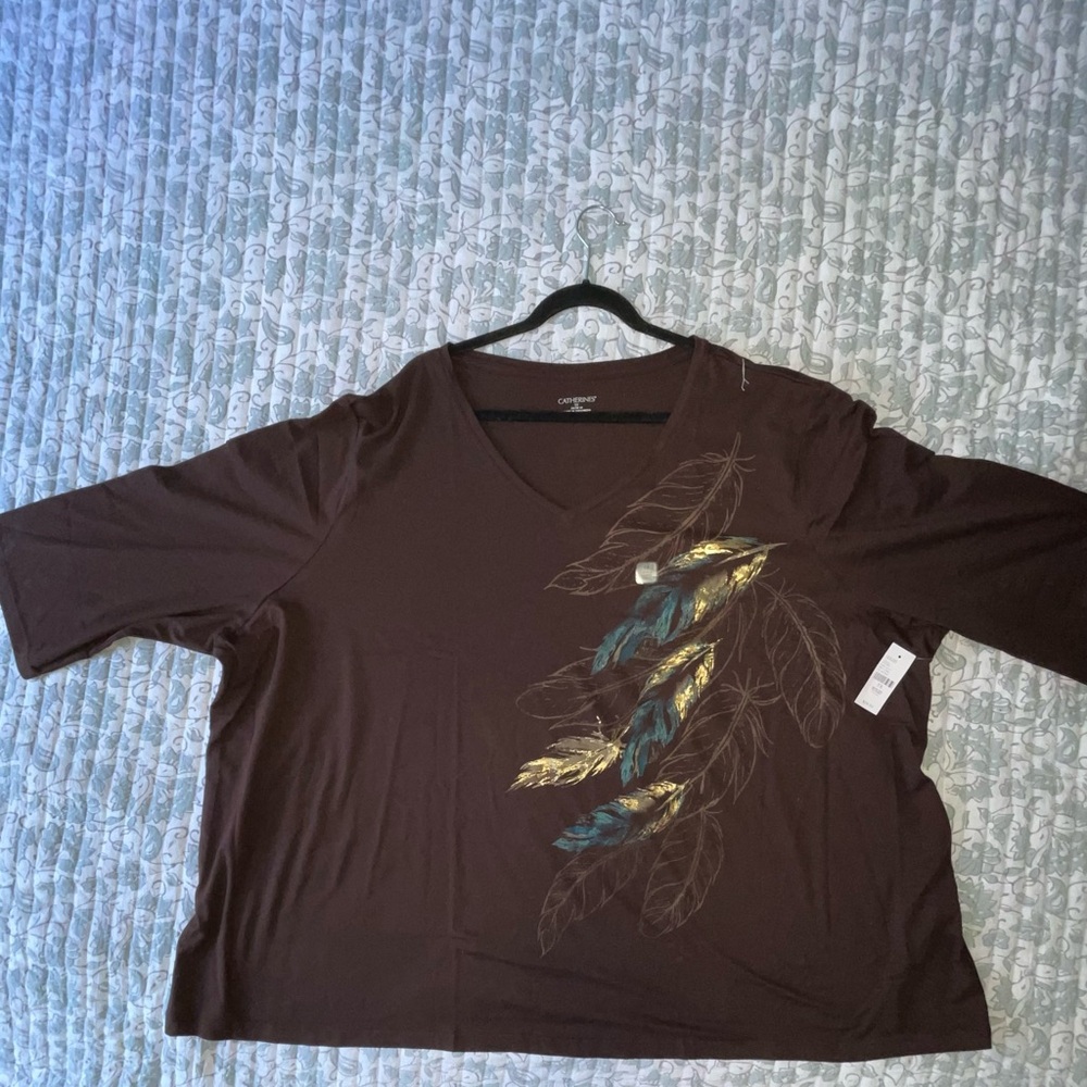 Brown V-Neck Top with Feather Design